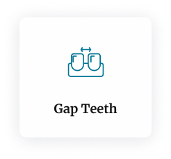 Icon showing two teeth with a gap, labeled Gap Teeth - brought to you by Smile Now Dental Implant Centers.